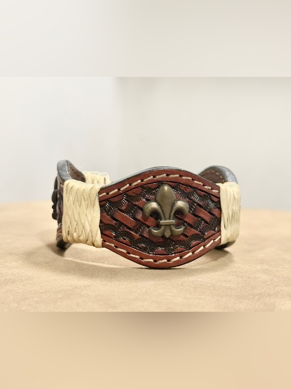 New Orleans Brown Leather Fleur-de-Lis Braided Bracelet